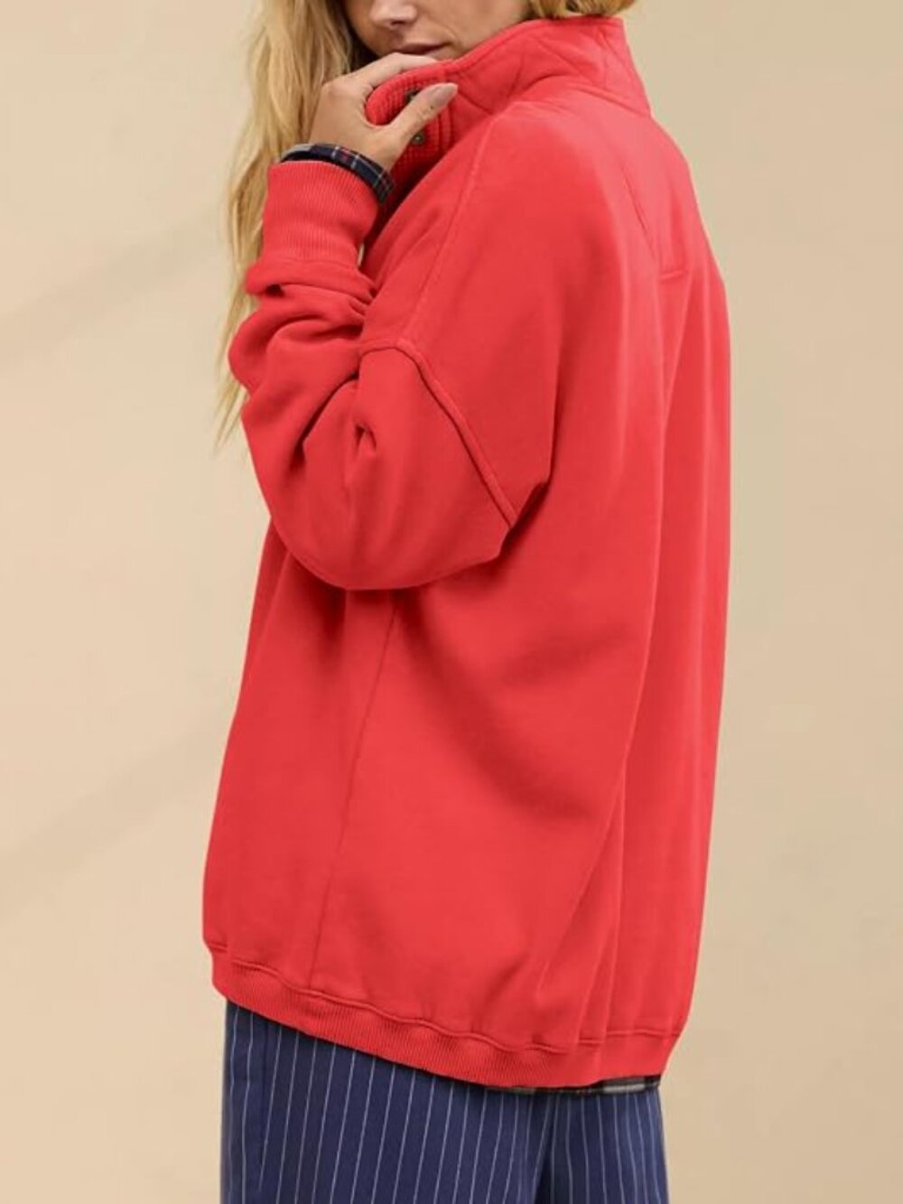 Women's Red Cotton Oversized Henley Sweatshirt Button Neck Casual Pullover Tops - Picture 4 of 6